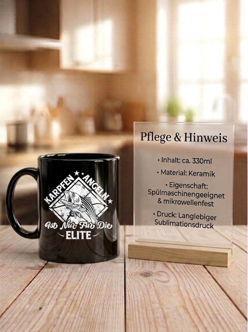 Tasse Karpfenangeln Elite Geschenk, Kaffeetasse Angler Karpfen Schwarz, Becher Fischer Geschenkidee, Angelverein Zubehör