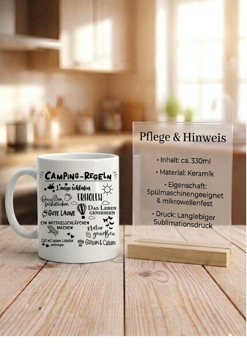 Camping Regeln Tasse personalisiert, Geschenk Camper, Wohnmobil Kaffeetasse, Italien Urlaub Becher mit Namen, Campingplatz Deko Keramik