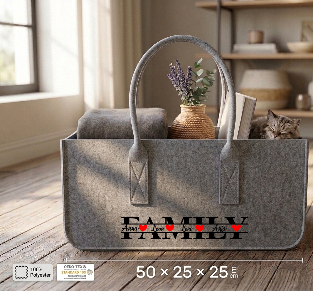 Filztasche Familie personalisiert Namen Herz, Familien Geschenk groß, Kaminholztasche Einkaufskorb Filz, Aufbewahrungstasche,Einzug Geschenk