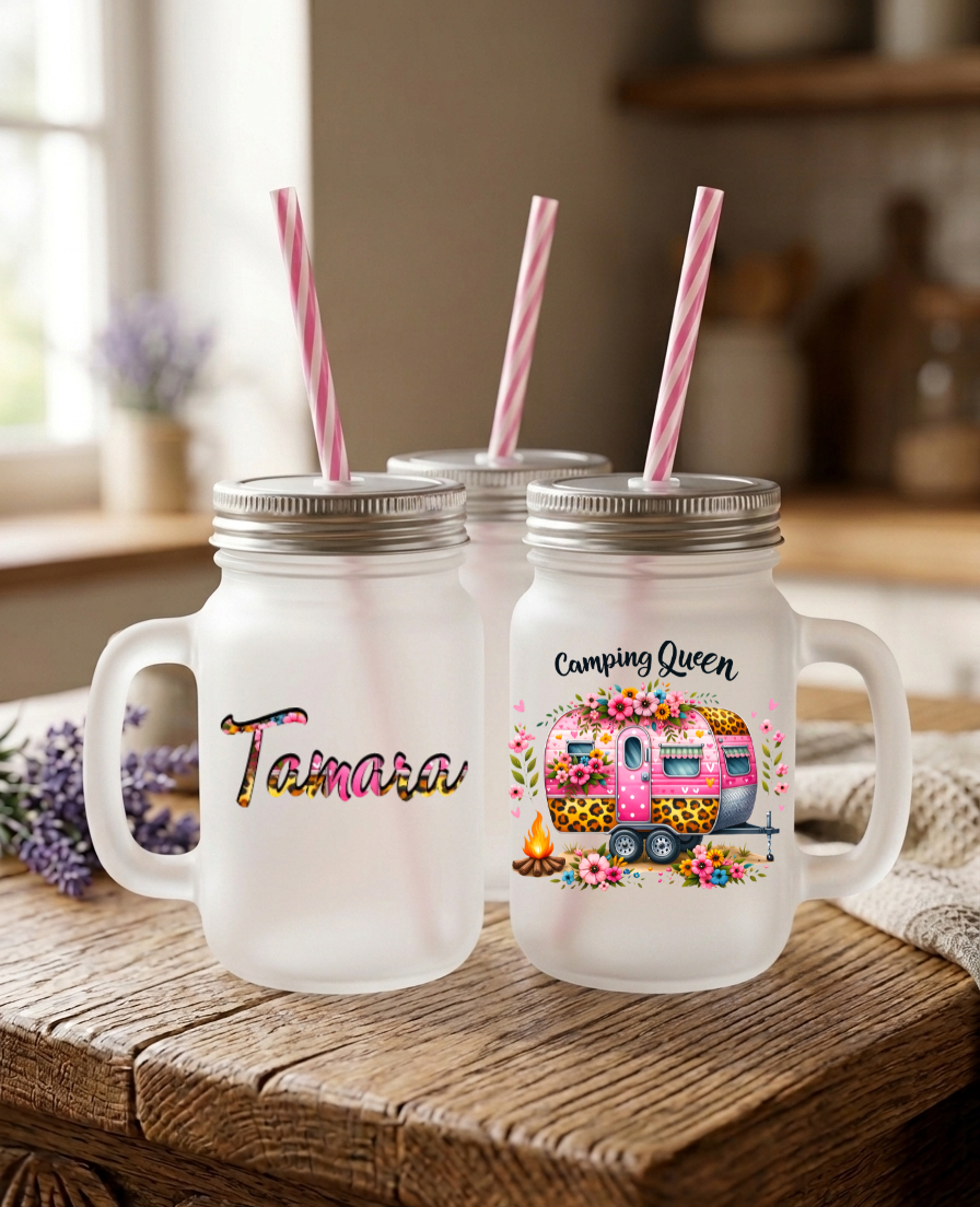 Trinkglas mit Deckel personalisiert, Camping Queen Becher, Geschenk beste Freundin Camper, Wohnwagen Deko, Henkelglas Mattglas Sommer