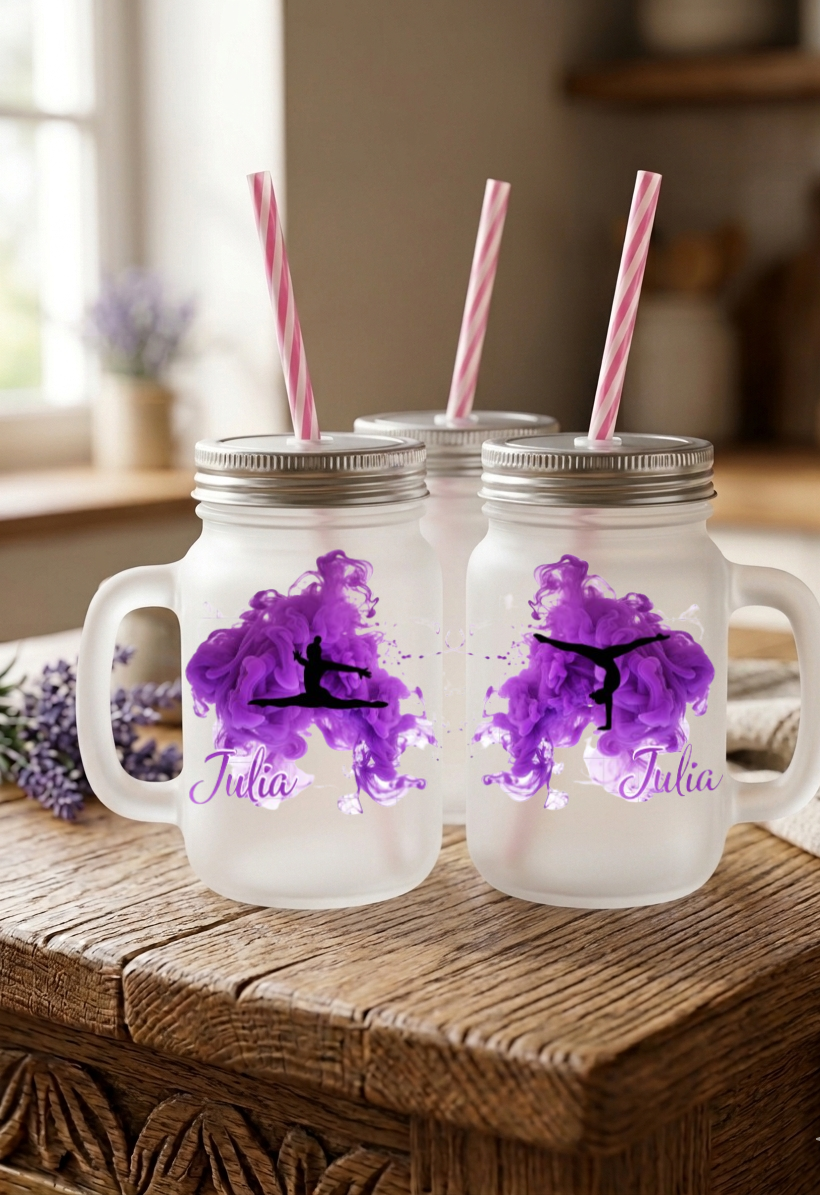 Trinkglas Turnerin mit Namen personalisiert, Turnen Geschenk Mädchen, Henkelglas Kunstturnen Strohhalm, Kinder Geburtstag Sport