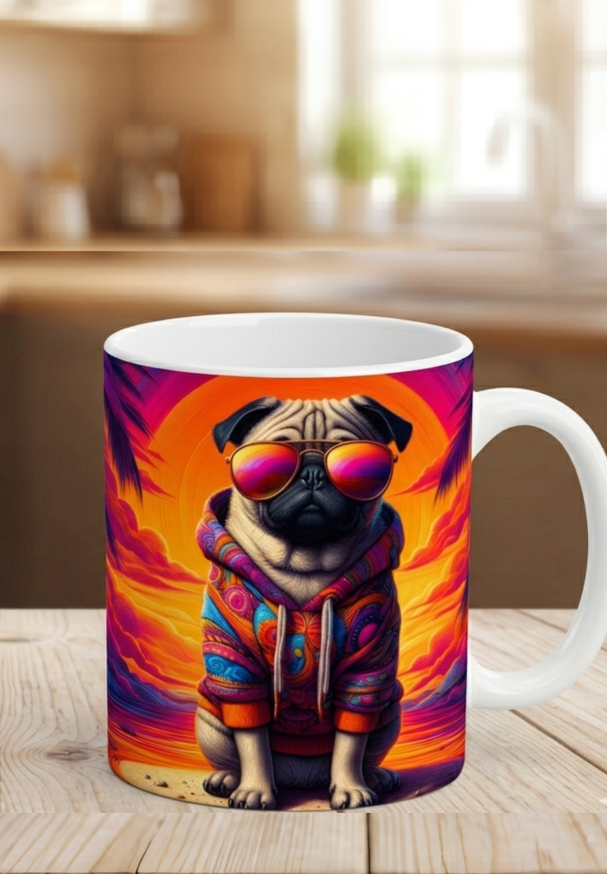 Hunde Mops Tasse bunt, Hunde Kaffeebecher, Coole Kaffeetasse Hund, Mops Geschenk, Retro Hundemotiv weiß schwarz, bunte Hunde Tasse