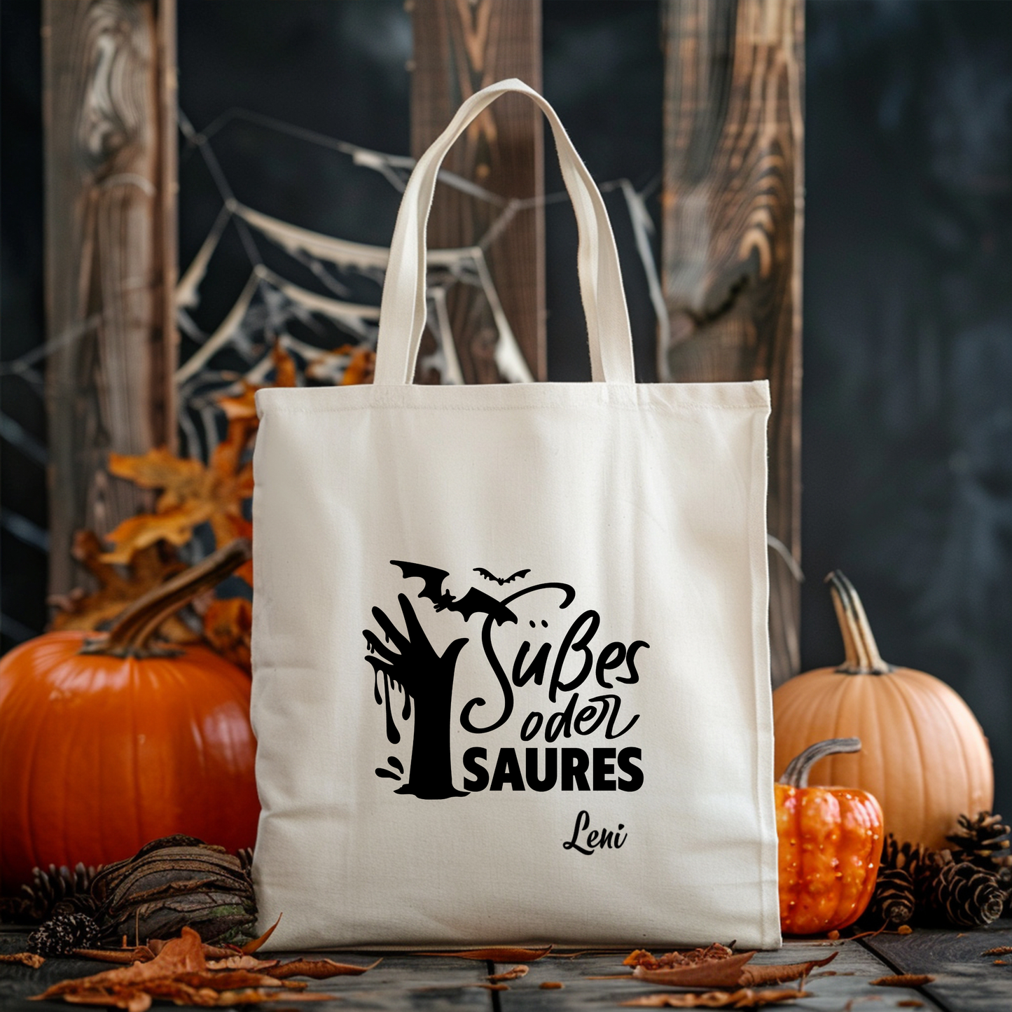 Süßes oder Saures Tasche Halloween personalisiert, Stoffbeutel Kinder mit Name, Baumwolltasche Süßigkeiten Beutel