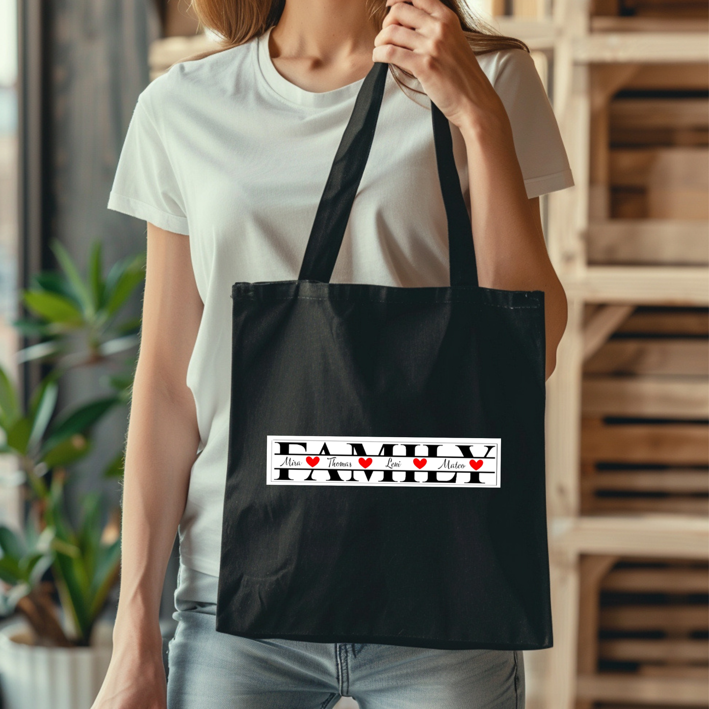 Jutebeutel Familie personalisiert Namen Herz, FAMILY Baumwolltasche Stoffbeutel schwarz weiß beige, Geschenk Muttertag, Stofftasche Geschenk