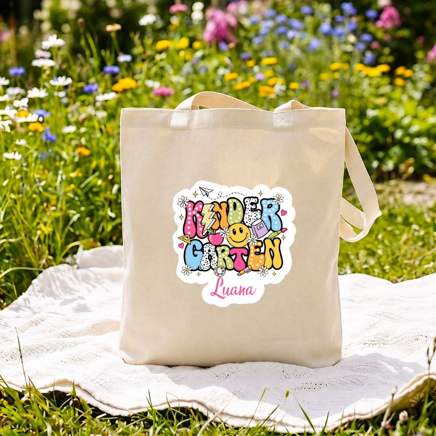 Kindergartentasche personalisiert Name, Stoffbeutel Kindergarten Motiv, Jutebeutel Kita Baumwolltasche, Geschenk Kindergartenstart, Kita