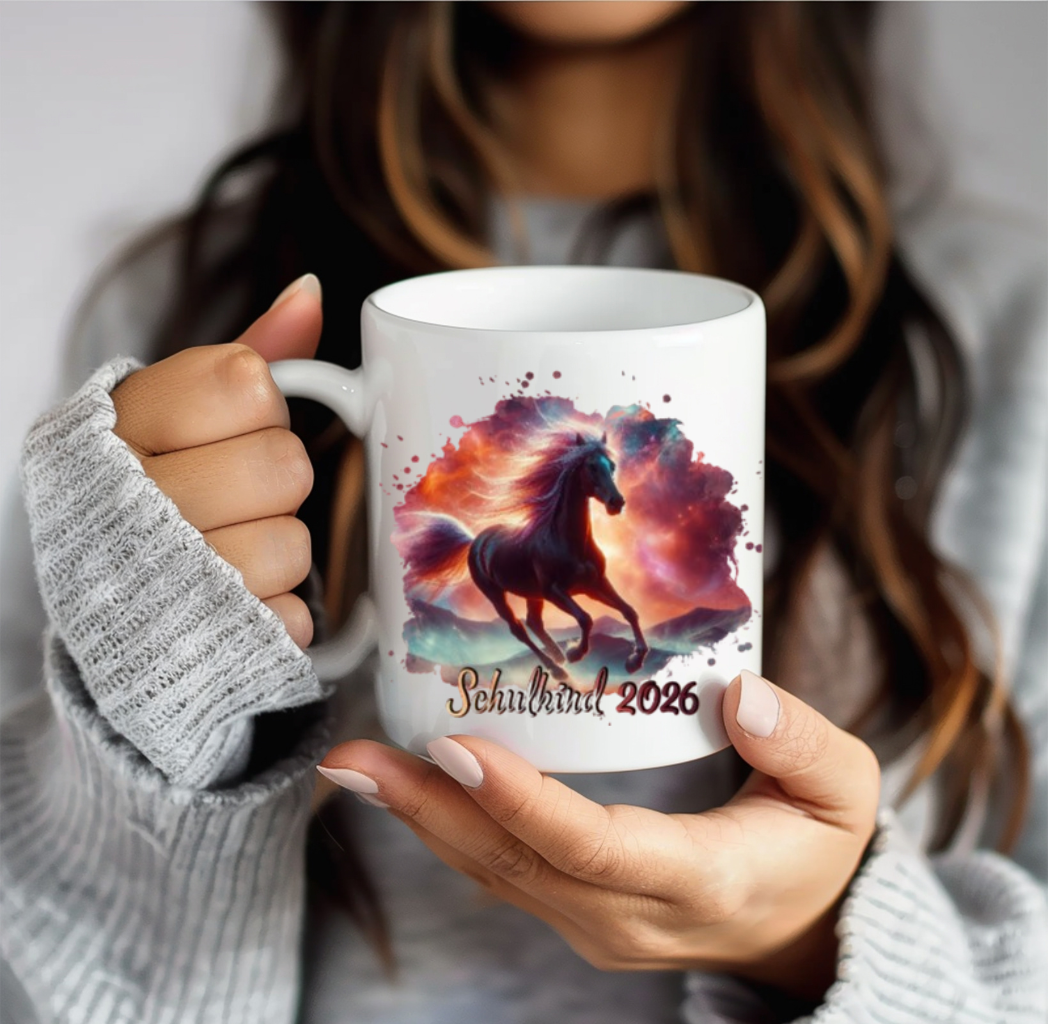 Tasse Einschulung Pferd mit Name Schulkind Tasse Mädchen Geschenke Schulstart Keramiktasse Schwarz Weiß Personalisierbar Geschenkidee