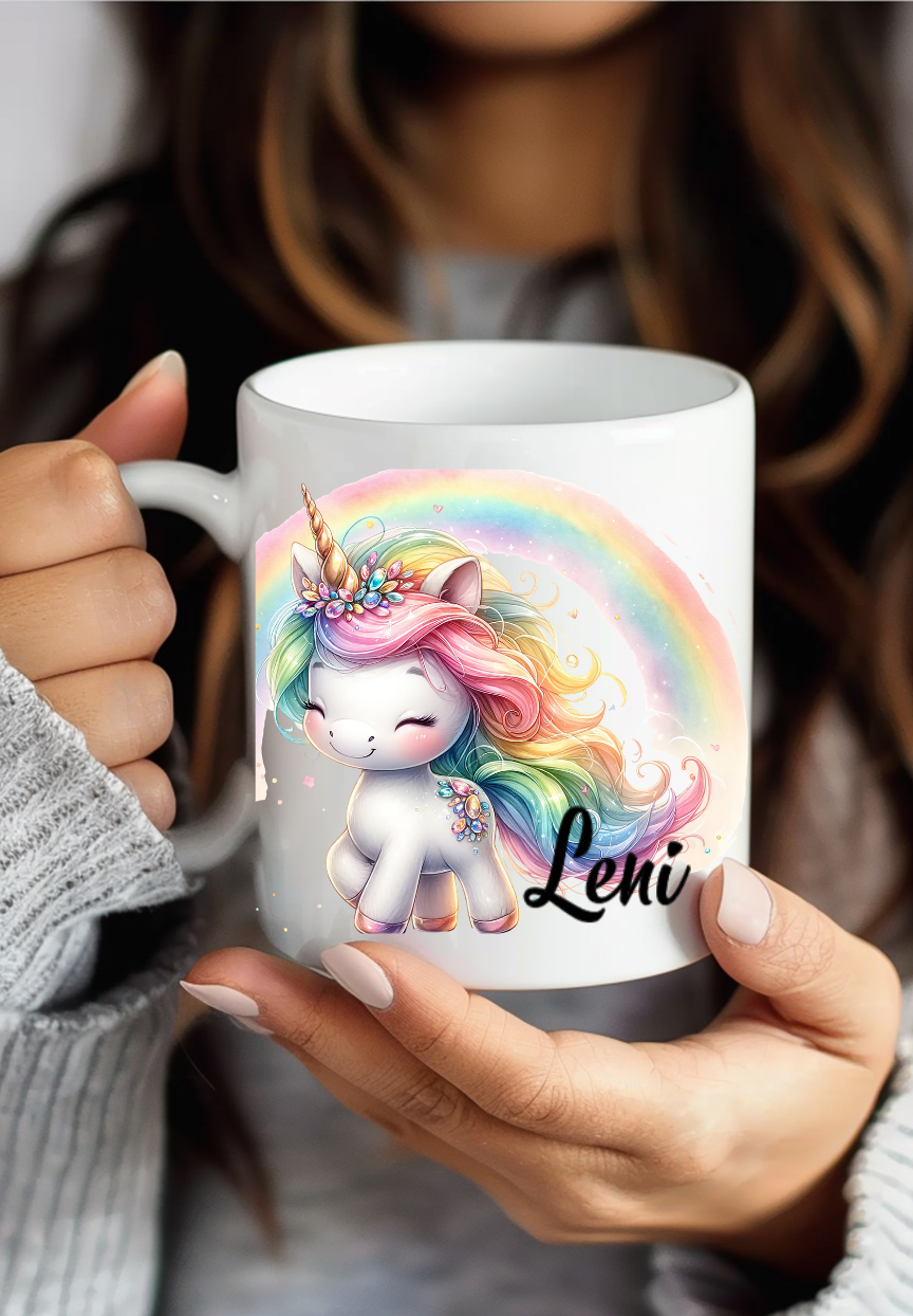Kindergeburtstag Tasse Name, Einhorn Tasse personalisiert, Geschenk Einschulung Tochter, Keramiktasse Regenbogen, Kaffeebecher Kinder
