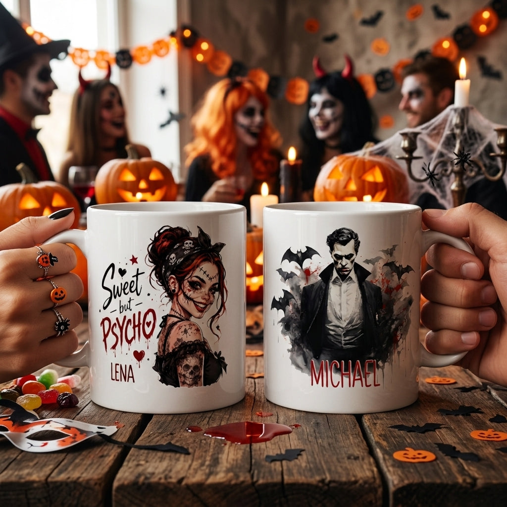 Halloween Tasse personalisiert mit Name Sweet but Psycho Vampir Kaffeetasse Keramik Geschenkidee Herbst Grusel Motivbecher Spooky Season