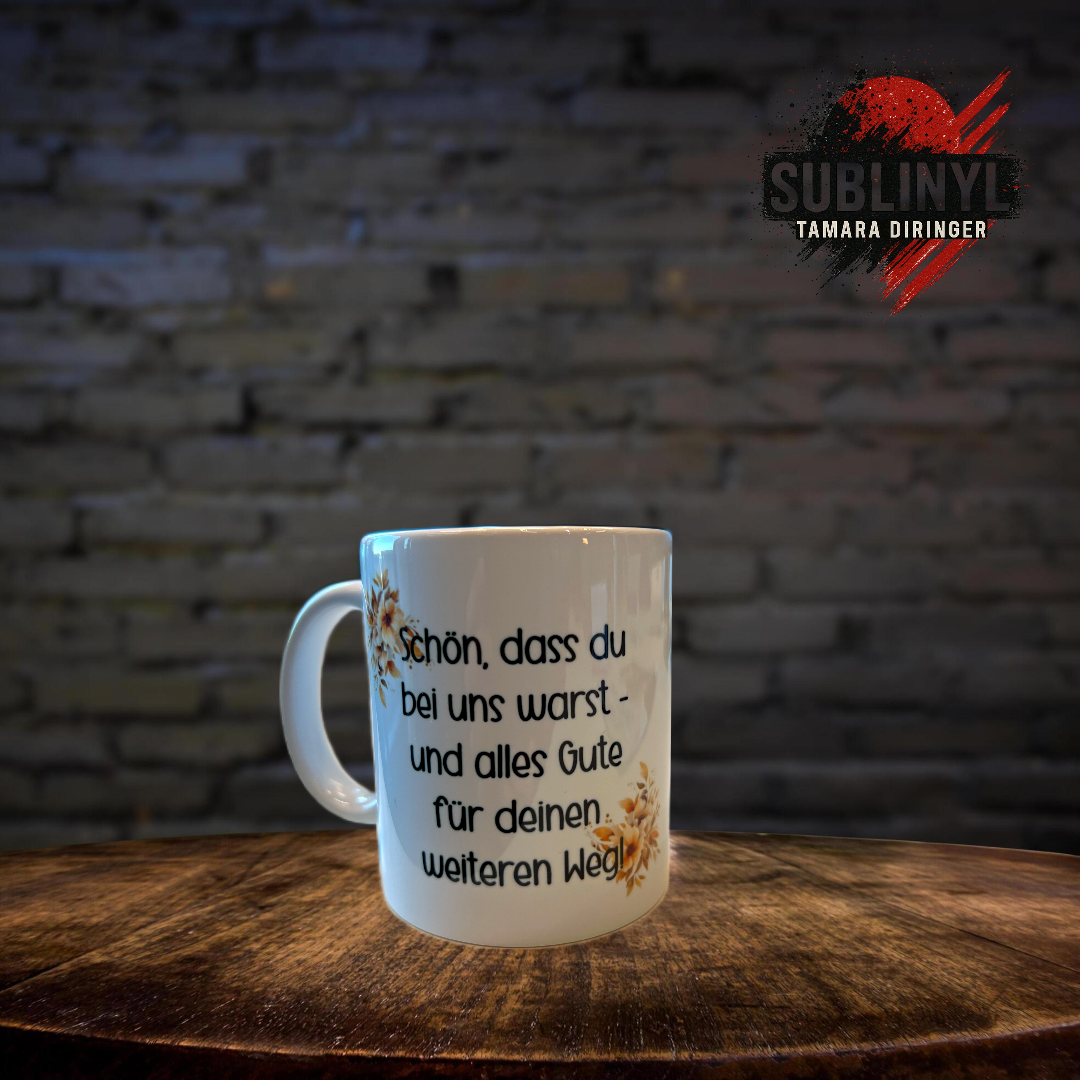 Abschiedstasse Kollegen Abschied, Kaffeetasse, Teetasse, personalisiert, Geschenk für Kollegen Kolleginnen, Team Abschied, Erinnerung, Blume