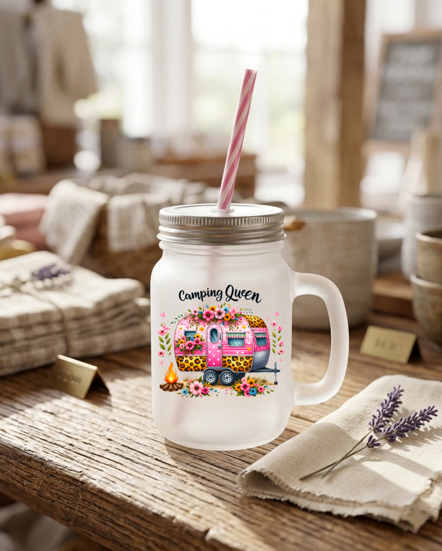 Trinkglas mit Deckel personalisiert, Camping Queen Becher, Geschenk beste Freundin Camper, Wohnwagen Deko, Henkelglas Mattglas Sommer