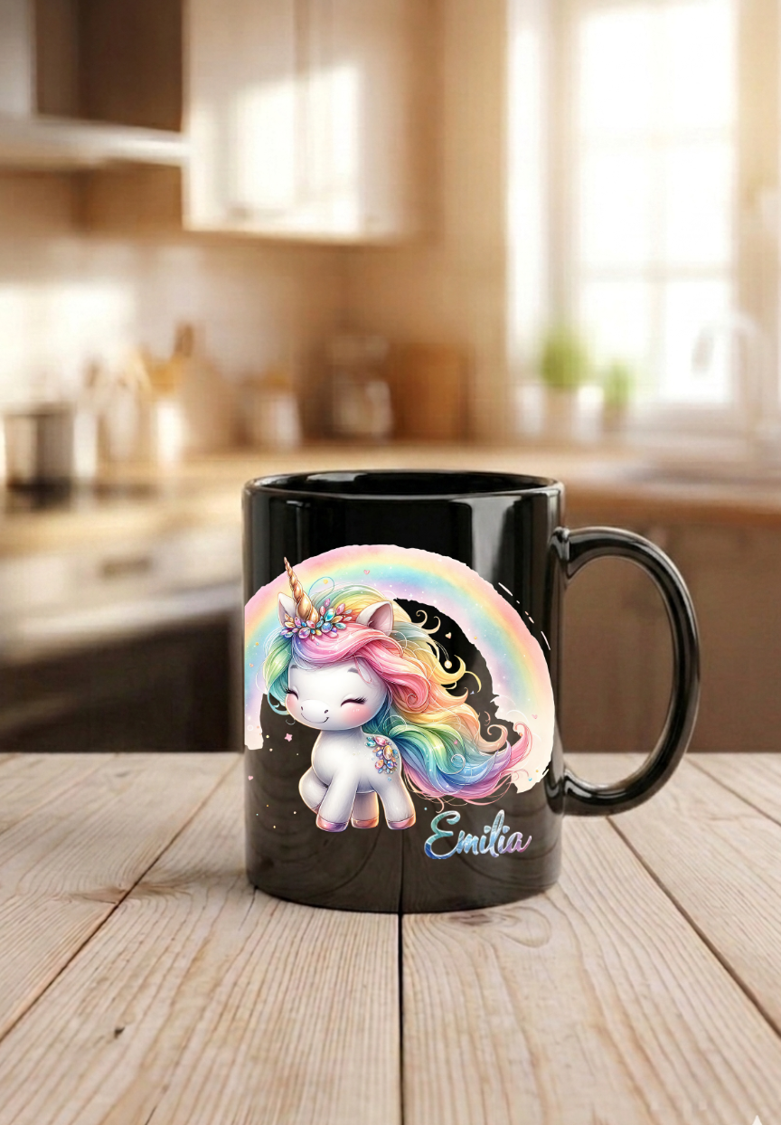 Kindergeburtstag Tasse Name, Einhorn Tasse personalisiert, Geschenk Einschulung Tochter, Keramiktasse Regenbogen, Kaffeebecher Kinder