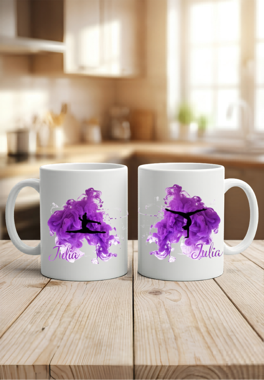 Tasse Turnerin personalisiert Name, Turnen Geschenk Mädchen, Kunstturnen Becher schwarz weiß bunt, Kinder Geburtstag Sportlerin