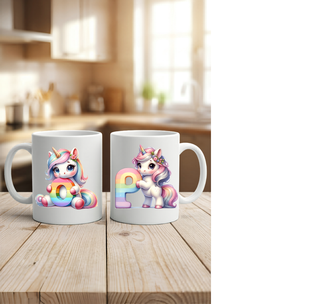 Einhorn Tasse personalisiert Buchstabe A-Z, Kinderbecher Initiale, Kaffeetasse hochglanz weiß schwarz, Geschenk Mädchen Geburtstag