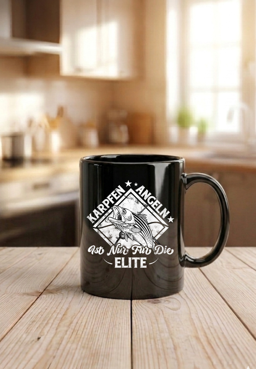 Tasse Karpfenangeln Elite Geschenk, Kaffeetasse Angler Karpfen Schwarz, Becher Fischer Geschenkidee, Angelverein Zubehör