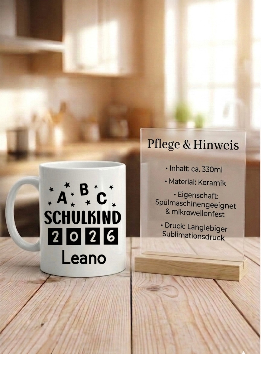 Personalisierte Tasse Schulkind 2026, Geschenkidee Einschulung Junge Mädchen, Becher mit Namen Schultüte, Kita Abschied Keramik