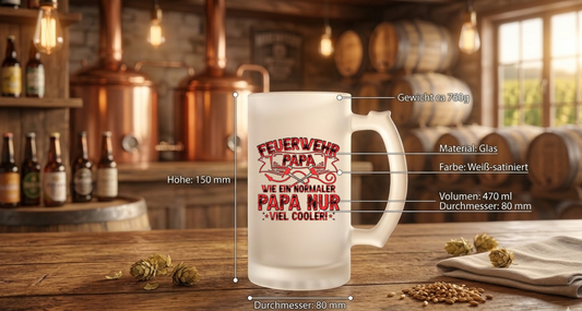 Bierkrug Glas satiniert Feuerwehr, Geschenk für Papa Geburtstag, Ehrenamt Feuerwehr Mann, Lustiges Biergeschenk, Humpen mit Spruch,Feuerwehr