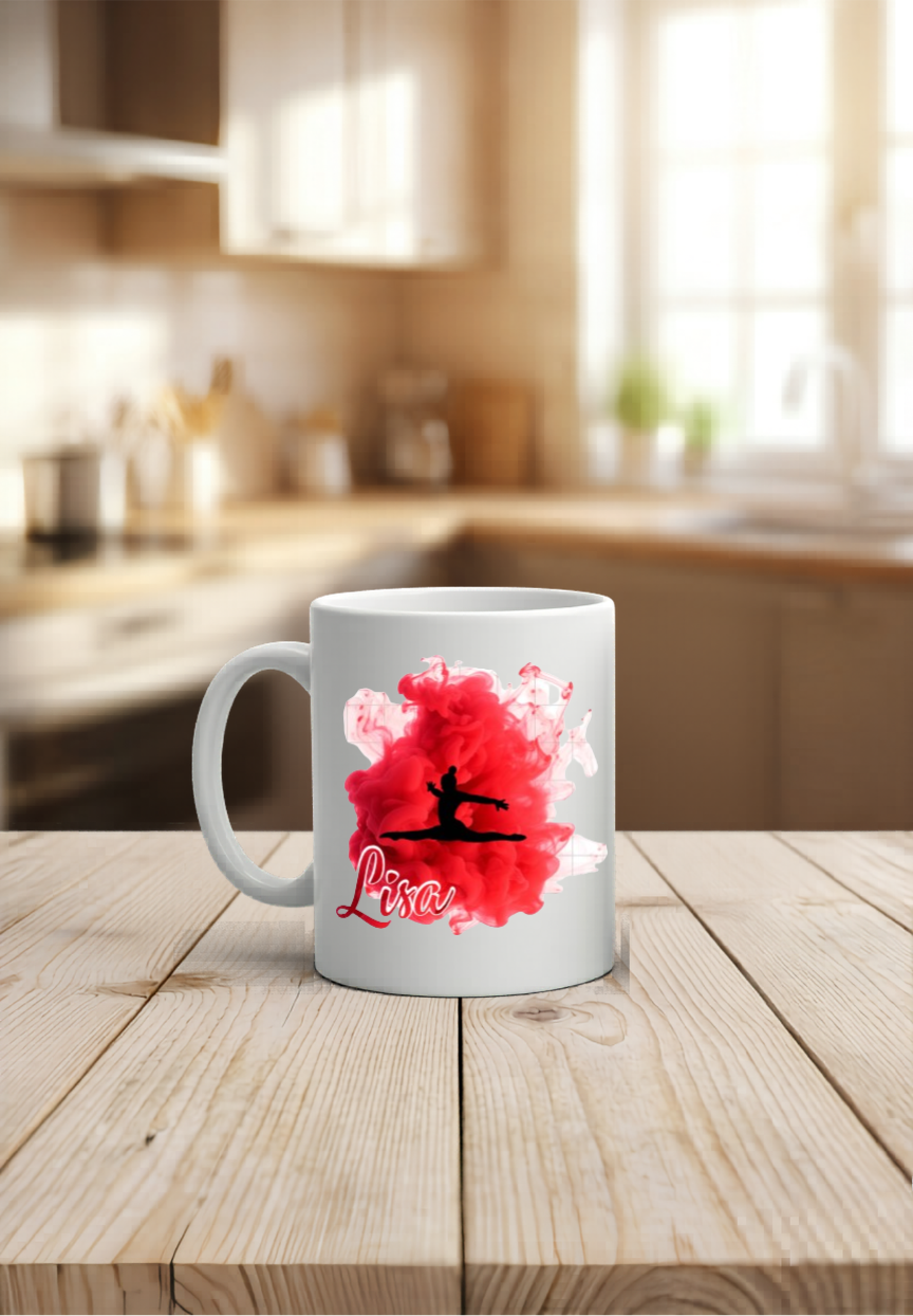 Tasse Turnerin personalisiert Name, Turnen Geschenk Mädchen, Kunstturnen Becher schwarz weiß bunt, Kinder Geburtstag Sportlerin