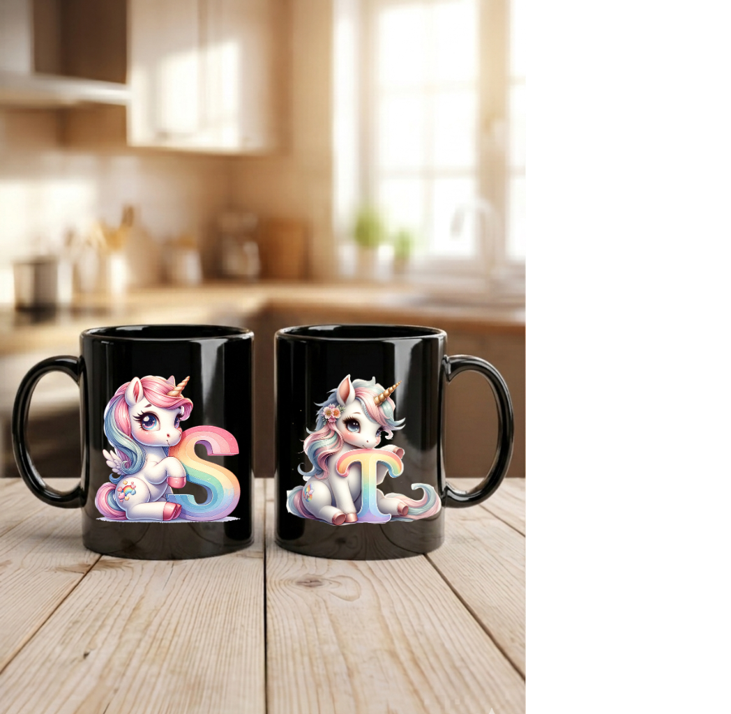 Einhorn Tasse personalisiert Buchstabe A-Z, Kinderbecher Initiale, Kaffeetasse hochglanz weiß schwarz, Geschenk Mädchen Geburtstag