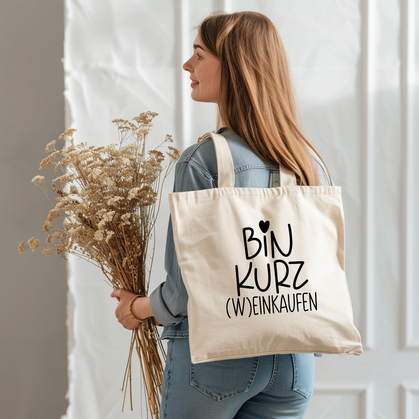 Tragetasche Bin kurz einkaufen, Wein Spruch Stoffbeutel, Shopper Tasche lustig, Geschenk beste Freundin Geburtstag Baumwolle modern