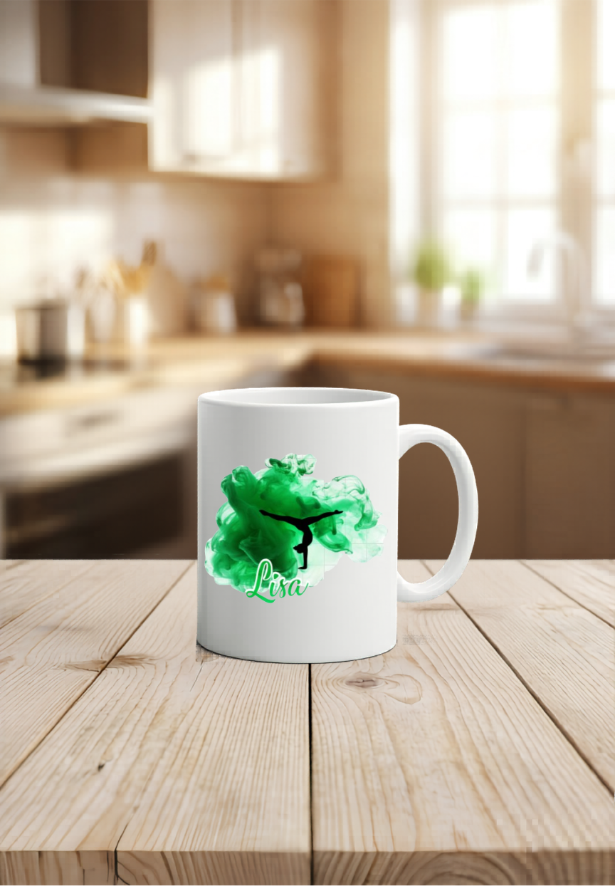 Tasse Turnerin personalisiert Name, Turnen Geschenk Mädchen, Kunstturnen Becher schwarz weiß bunt, Kinder Geburtstag Sportlerin