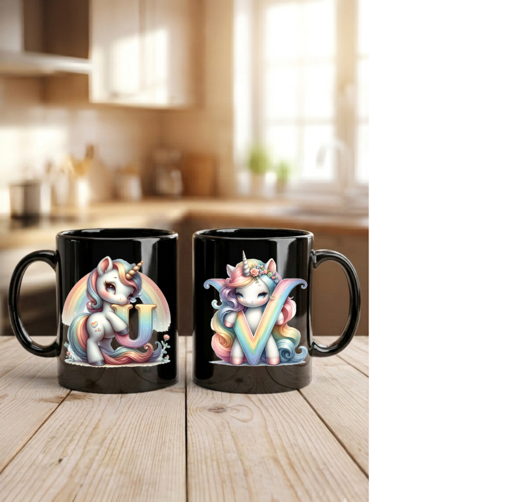 Einhorn Tasse personalisiert Buchstabe A-Z, Kinderbecher Initiale, Kaffeetasse hochglanz weiß schwarz, Geschenk Mädchen Geburtstag