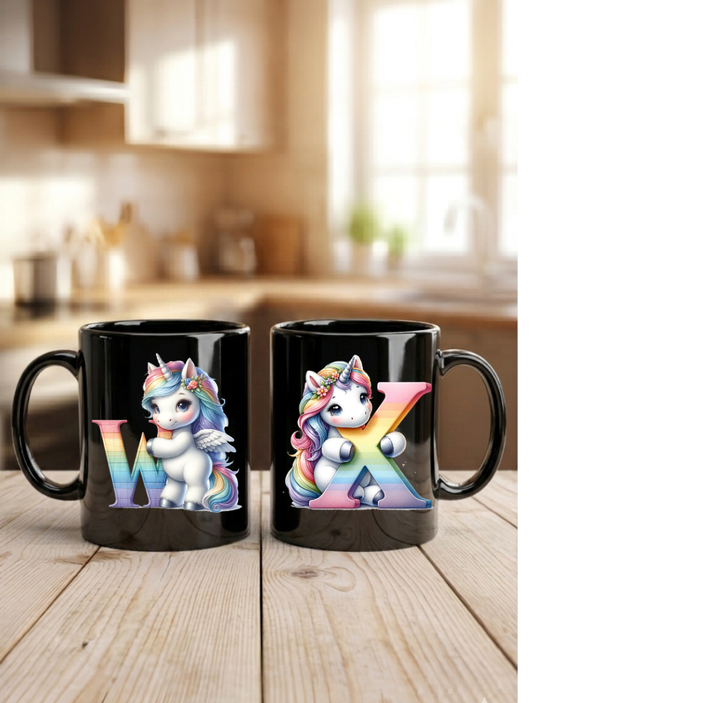 Einhorn Tasse personalisiert Buchstabe A-Z, Kinderbecher Initiale, Kaffeetasse hochglanz weiß schwarz, Geschenk Mädchen Geburtstag