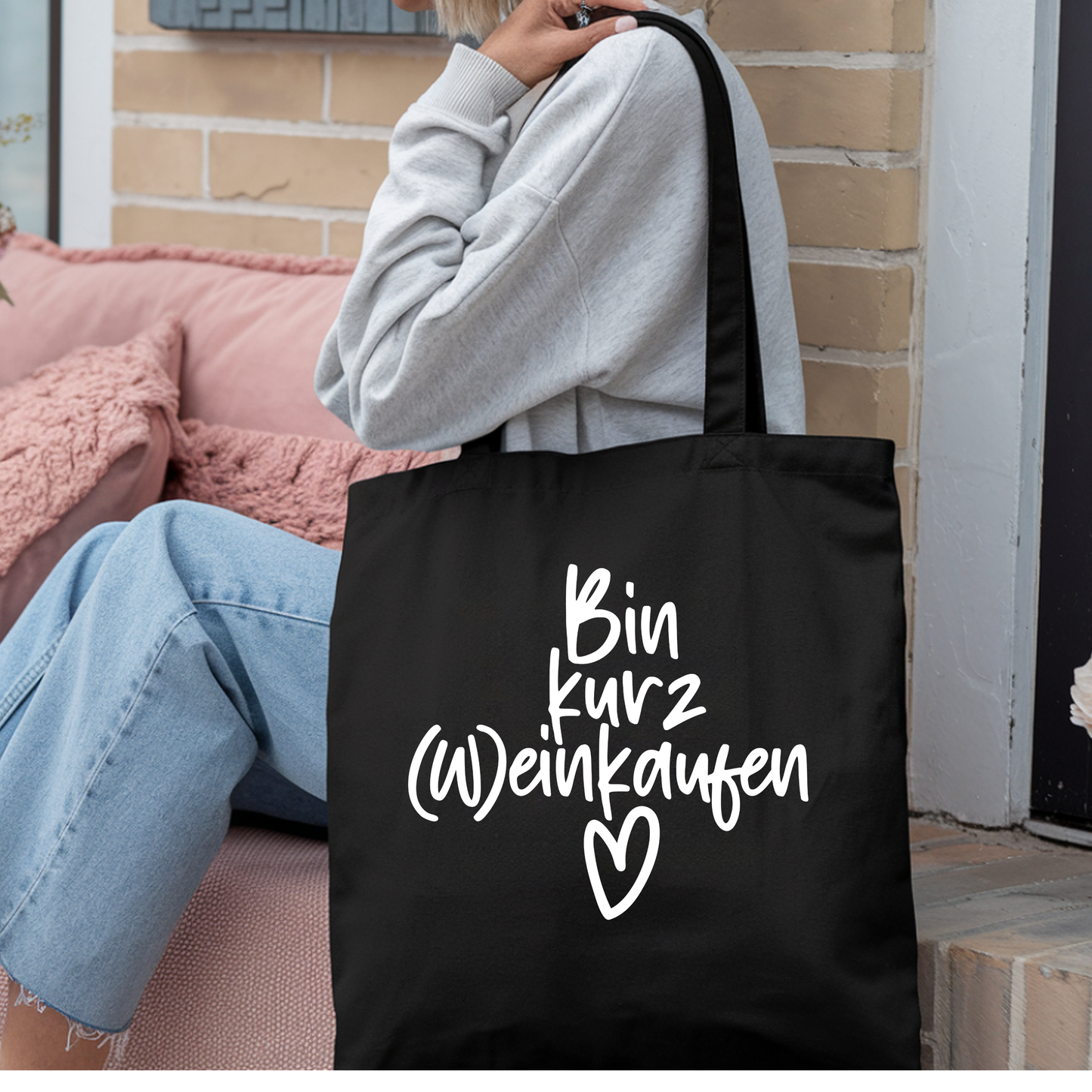 Tragetasche Bin kurz einkaufen, Wein Spruch Stoffbeutel, Shopper Tasche lustig, Geschenk beste Freundin Geburtstag Baumwolle modern
