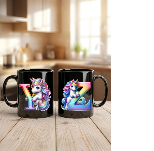 Einhorn Tasse personalisiert Buchstabe A-Z, Kinderbecher Initiale, Kaffeetasse hochglanz weiß schwarz, Geschenk Mädchen Geburtstag