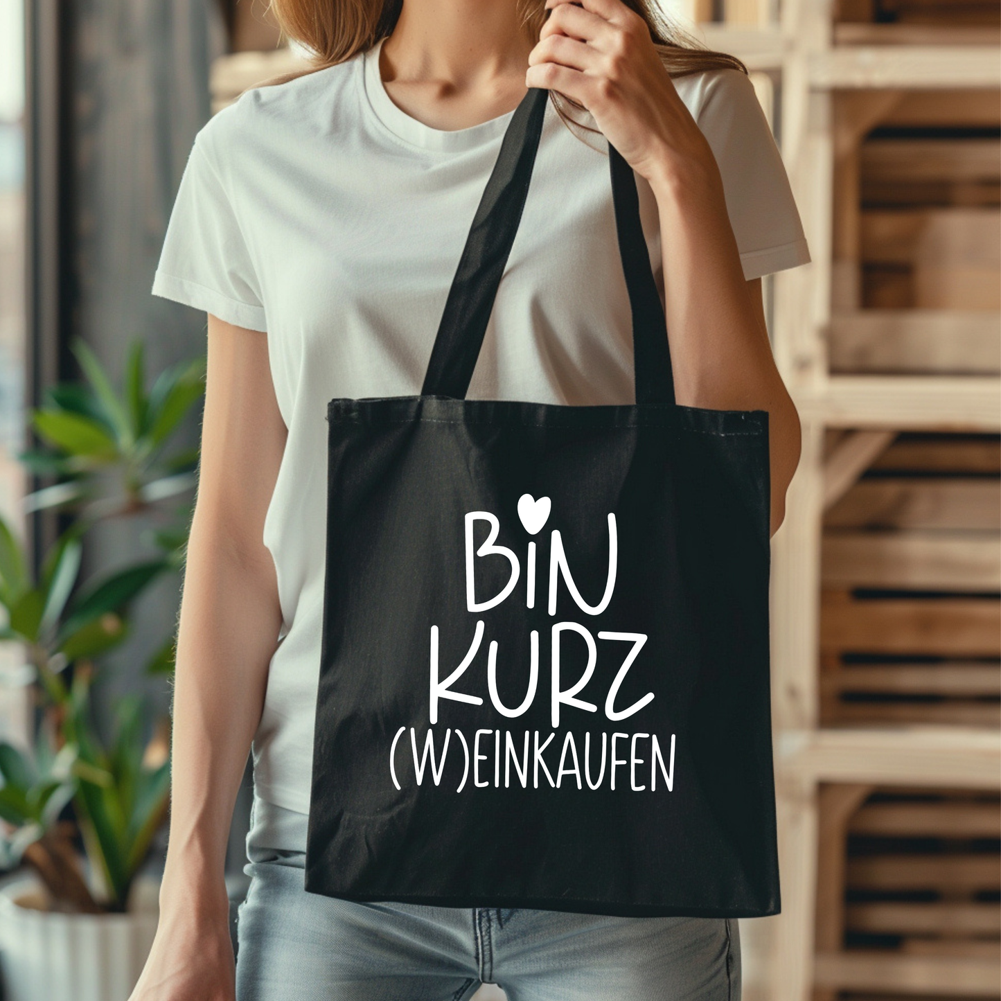 Tragetasche Bin kurz einkaufen, Wein Spruch Stoffbeutel, Shopper Tasche lustig, Geschenk beste Freundin Geburtstag Baumwolle modern