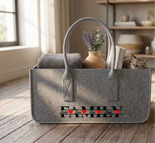 Filztasche Familie personalisiert Namen Herz, Familien Geschenk groß, Kaminholztasche Einkaufskorb Filz, Aufbewahrungstasche,Einzug Geschenk