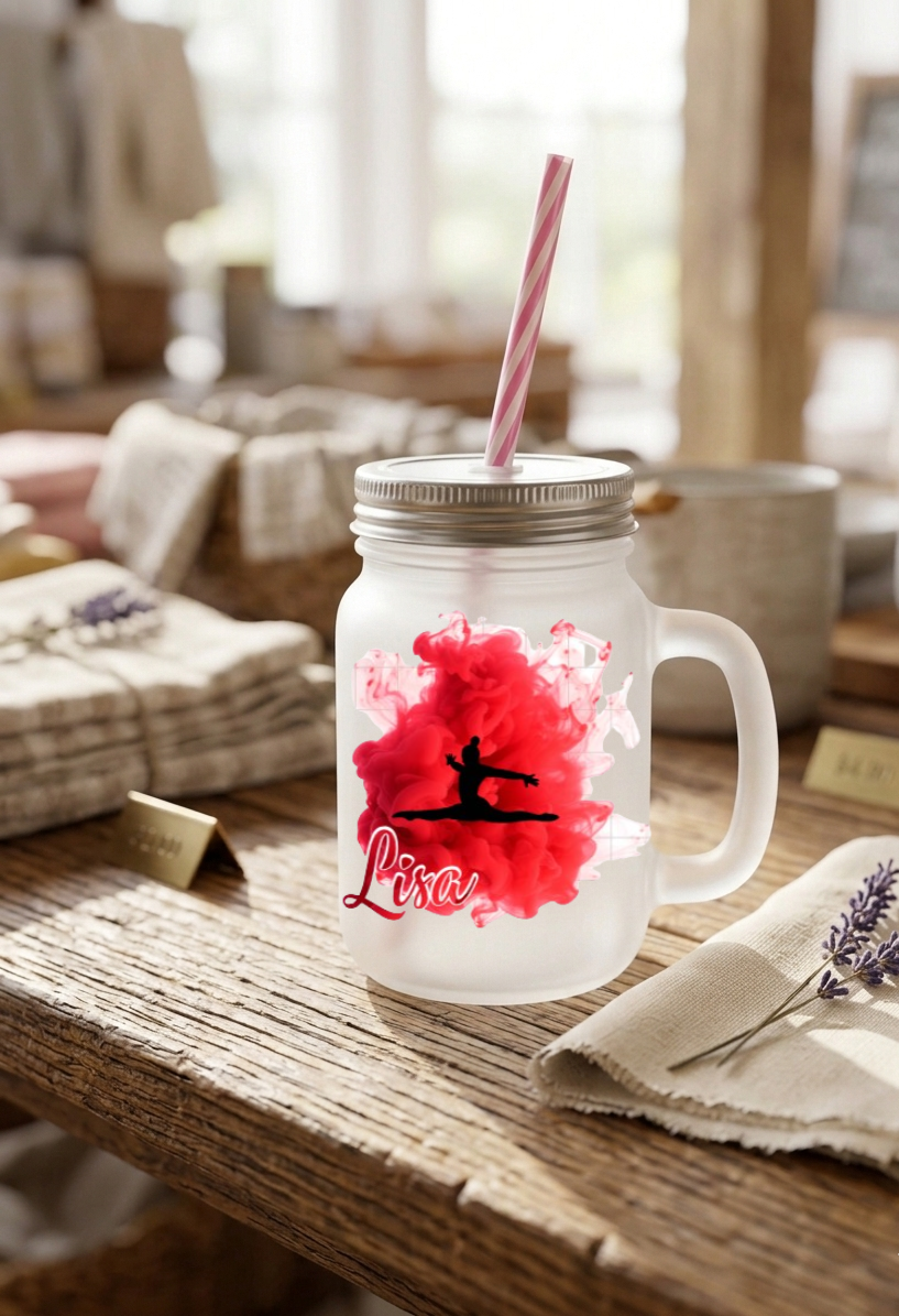 Trinkglas Turnerin mit Namen personalisiert, Turnen Geschenk Mädchen, Henkelglas Kunstturnen Strohhalm, Kinder Geburtstag Sport