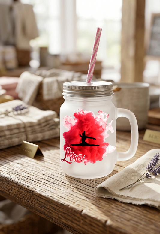 Trinkglas Turnerin mit Namen personalisiert, Turnen Geschenk Mädchen, Henkelglas Kunstturnen Strohhalm, Kinder Geburtstag Sport