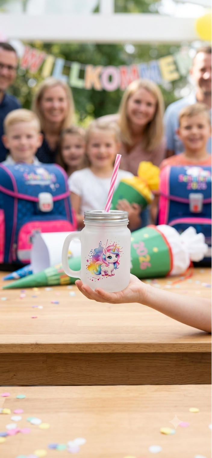 Glas mit Strohhalm Personalisiert Schulkind Einhorn Dino Geschenk Einschulung Henkelglas Matt Kindermotiv Trinkglas Wunschname
