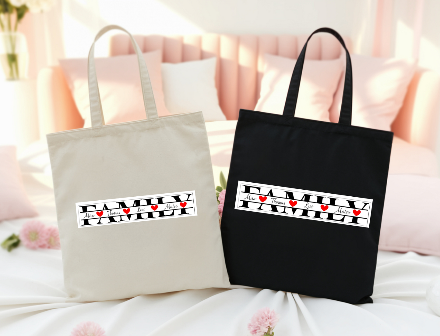 Jutebeutel Familie personalisiert Namen Herz, FAMILY Baumwolltasche Stoffbeutel schwarz weiß beige, Geschenk Muttertag, Stofftasche Geschenk
