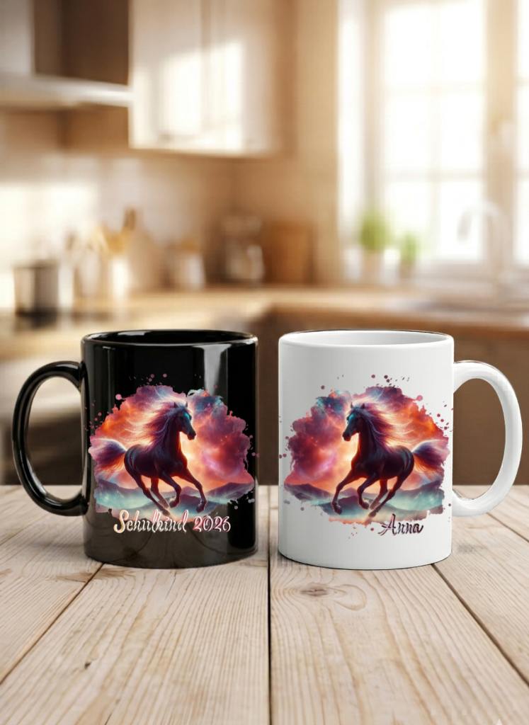 Tasse Einschulung Pferd mit Name Schulkind Tasse Mädchen Geschenke Schulstart Keramiktasse Schwarz Weiß Personalisierbar Geschenkidee