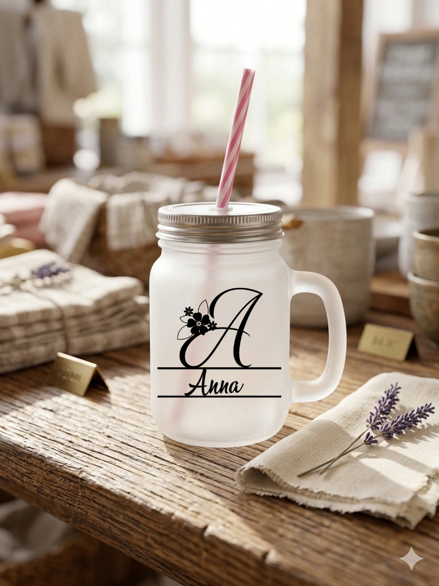 Trinkglas mit Henkel und Strohhalm personalisiert Name, Monogramm Glas Deckel, Buchstaben A-Z Sommerglas, Geschenk Geburtstag