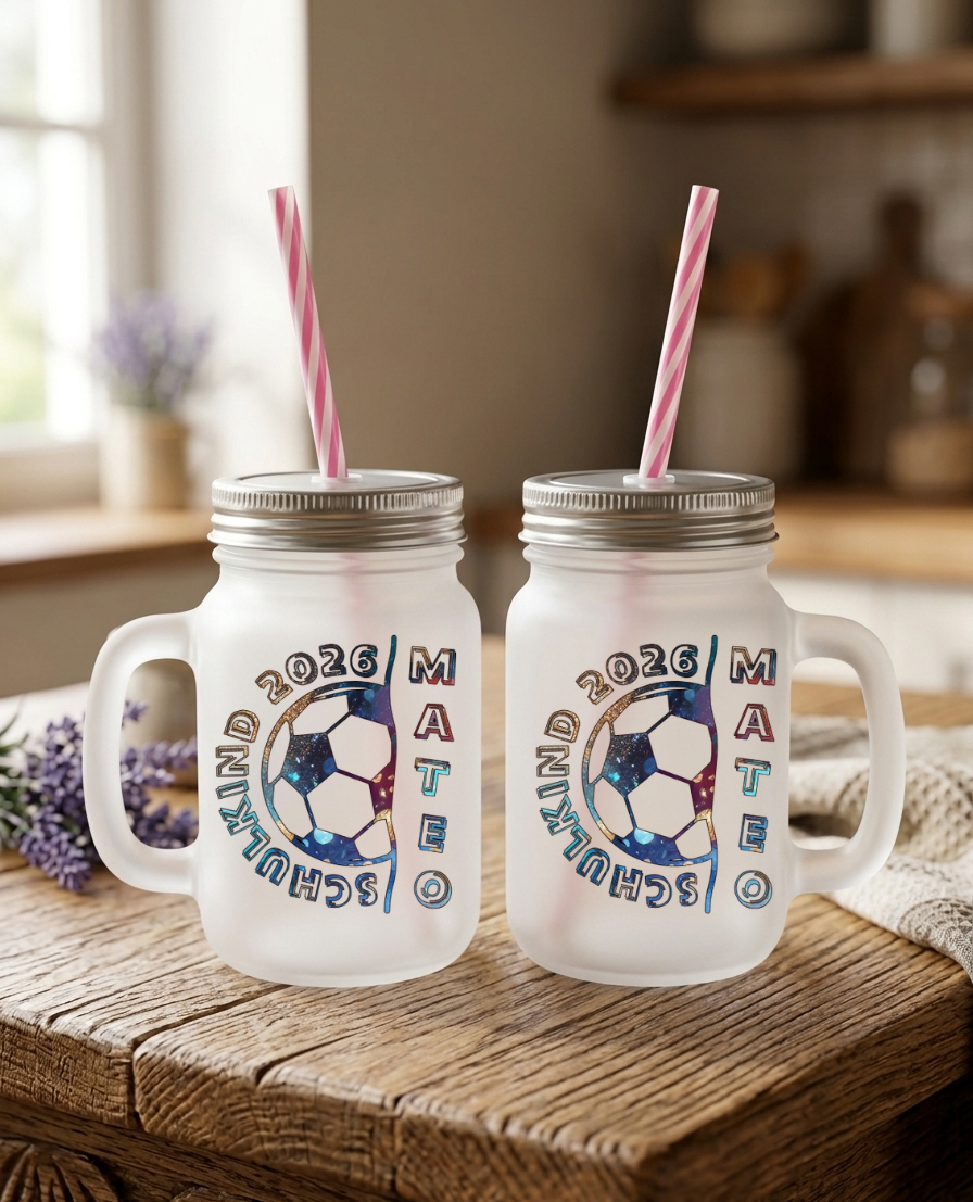 Trinkglas Strohhalm Schulkind 2026 Fußball Name Geschenk Einschulung
