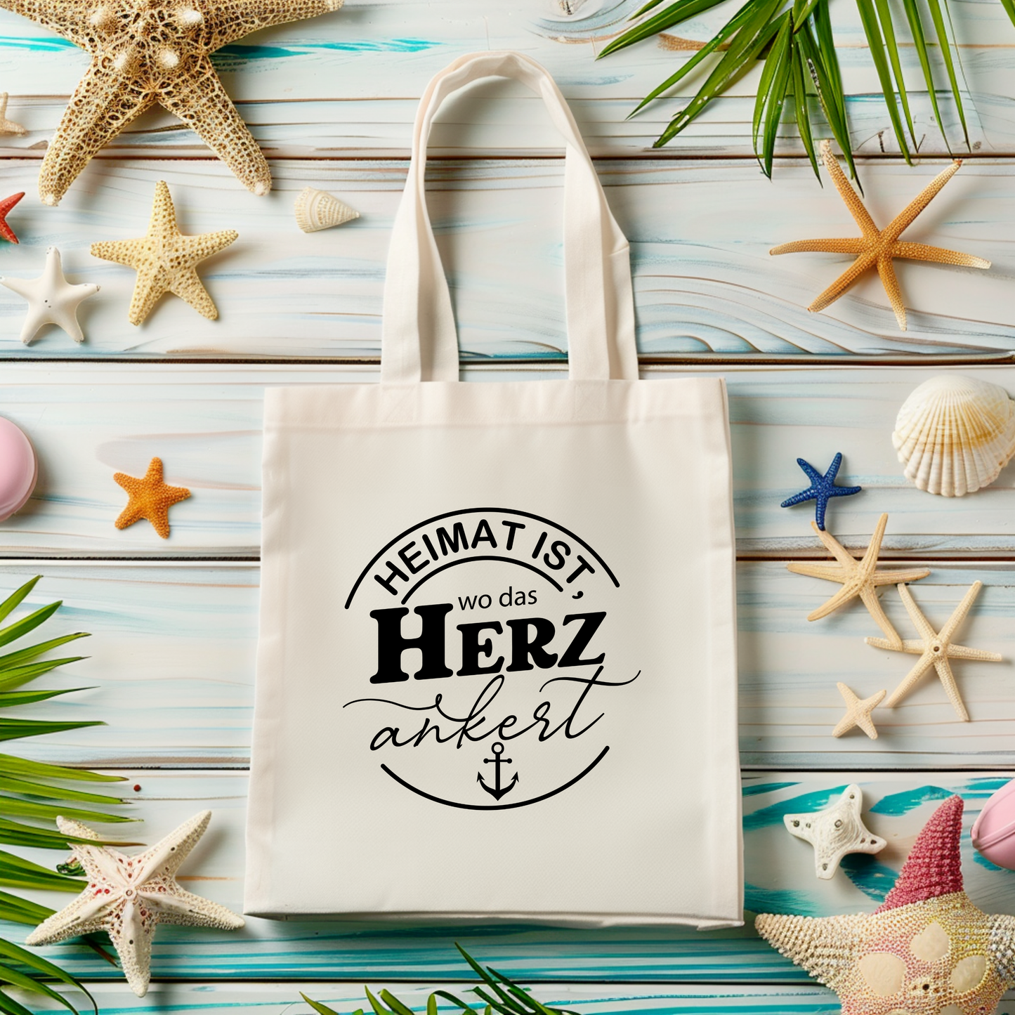 Baumwolltasche Heimat ist wo das Herz ankert, Stoffbeutel Maritim Anker Geschenk, Jutebeutel Strand Schwarz Natural