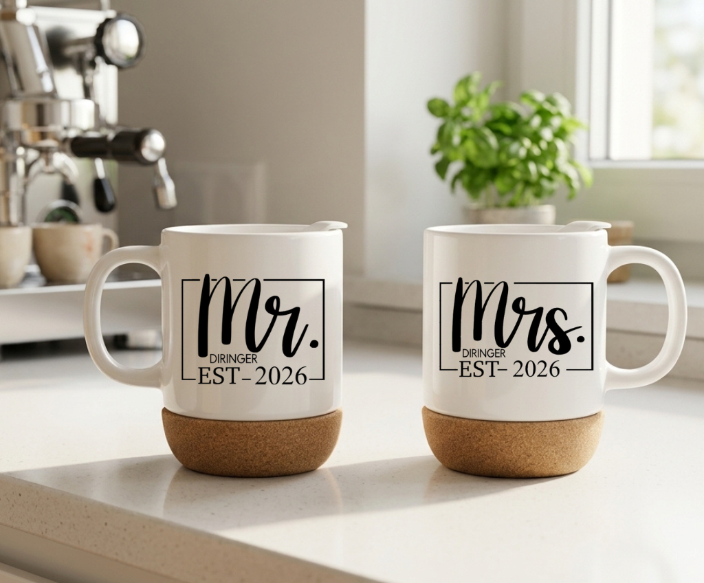 Korktasse Hochzeit Mr Mrs personalisiert Geschenk Brautpaar Kaffeetasse mit Kork Name Datum Hochzeitsgeschenk Tasse Partner Vintage