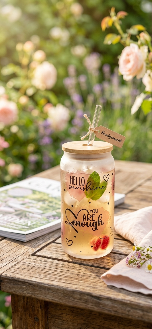 Personalisiertes Trinkglas mit Deckel und Strohhalm, individuell Eiskaffee Glas, Glas mit Name, Daily Reminder, Selbstliebe, Cocktail,Sommer