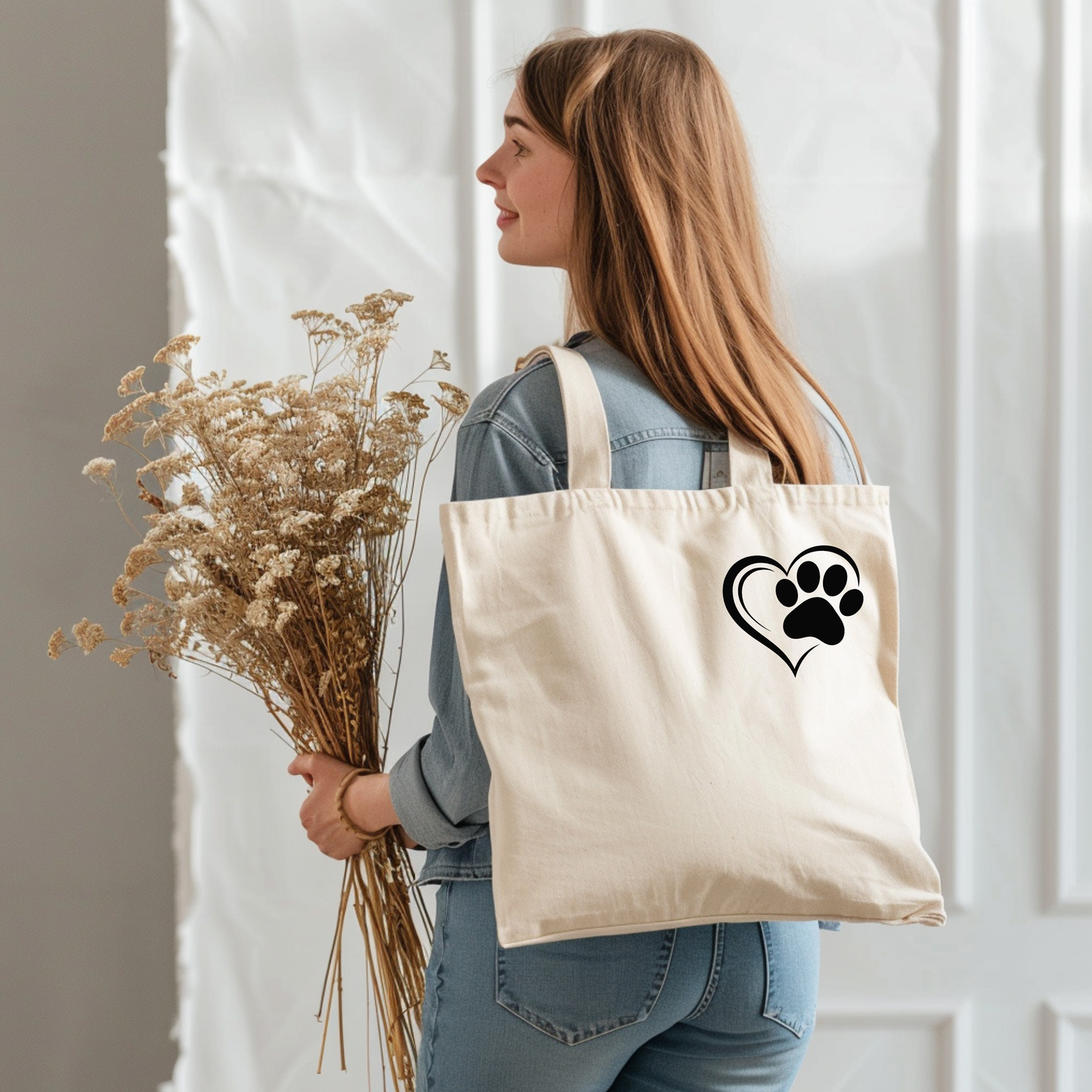 Hundepfote Herz Stofftasche, Jutebeutel Hundemotiv Geschenk, Baumwolltasche Pfotenliebe, Hundebesitzer Tasche schwarz weiß natural