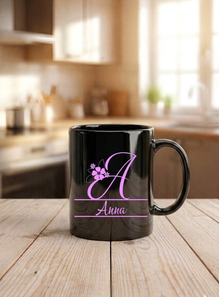 Tasse mit Buchstabe personalisiert Name, Florales Monogramm Becher, Kaffeetasse weiß schwarz hochglanz, Geschenk Frauen Geburtstag