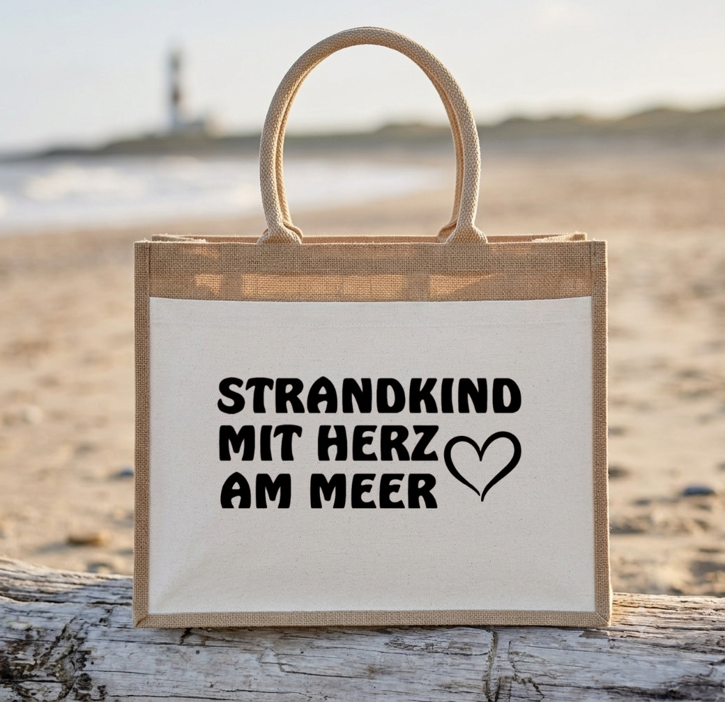 Jutetasche Strandkind mit Herz am Meer Strandtasche Shopper Geschenk