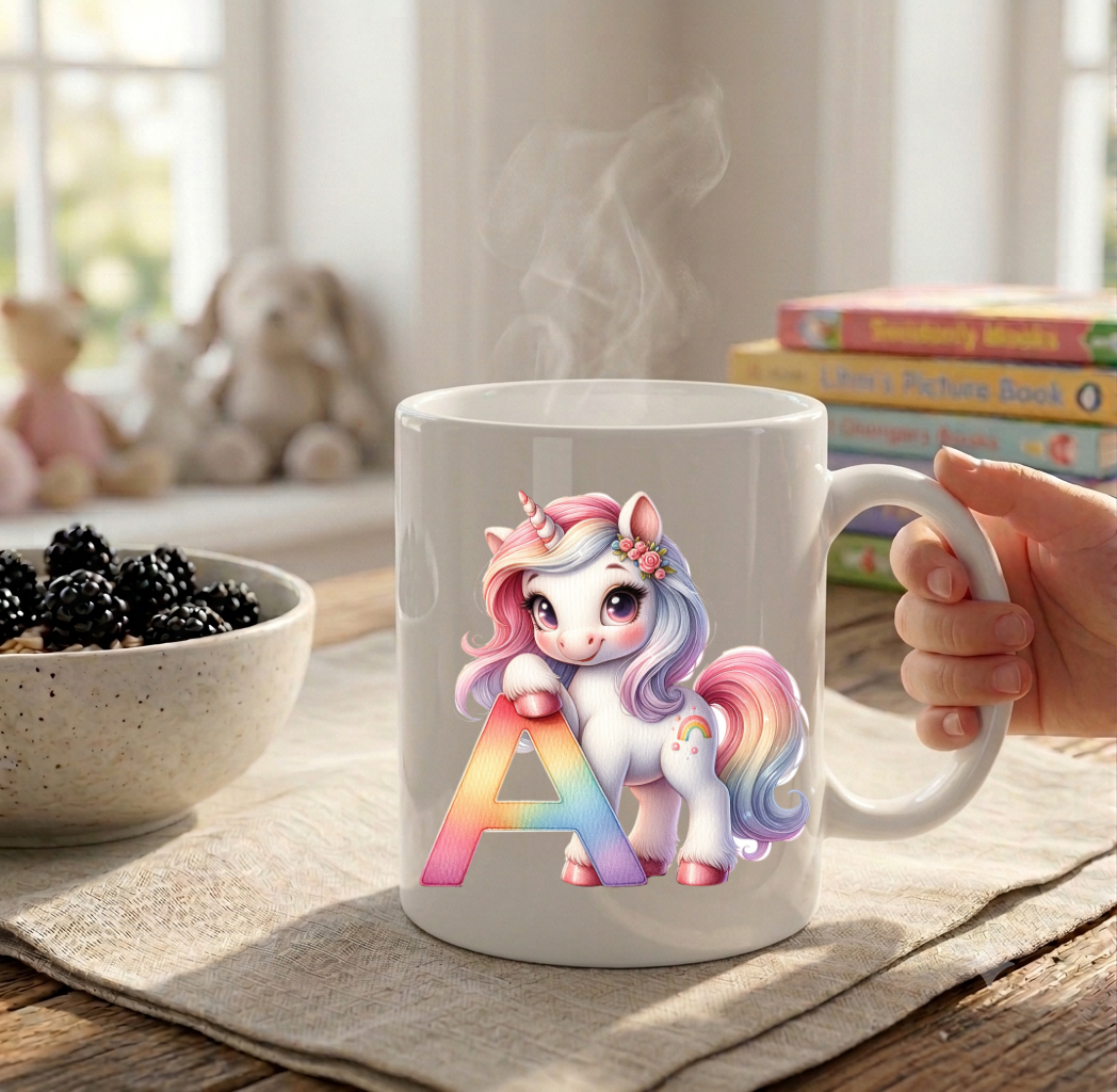 Einhorn Tasse personalisiert Buchstabe A-Z, Kinderbecher Initiale, Kaffeetasse hochglanz weiß schwarz, Geschenk Mädchen Geburtstag