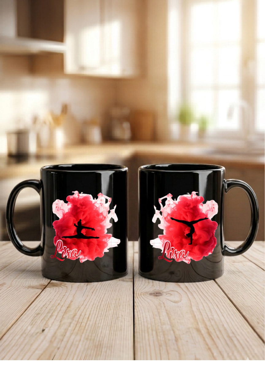 Tasse Turnerin personalisiert Name, Turnen Geschenk Mädchen, Kunstturnen Becher schwarz weiß bunt, Kinder Geburtstag Sportlerin