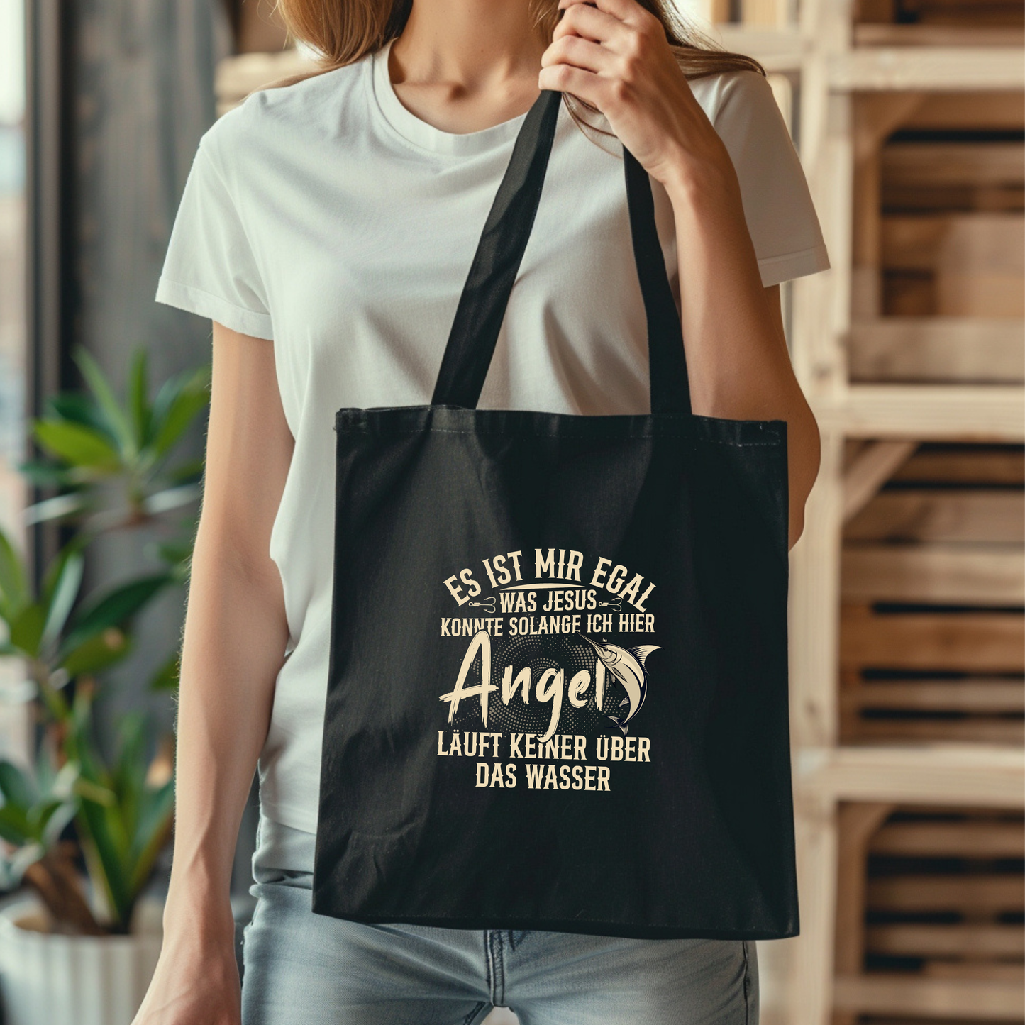 Angler Stofftasche Geschenk für Fischer, Jutebeutel Papa Opa Angeln Motiv, Baumwolltasche Geburtstag Angler lustig schwarz natural