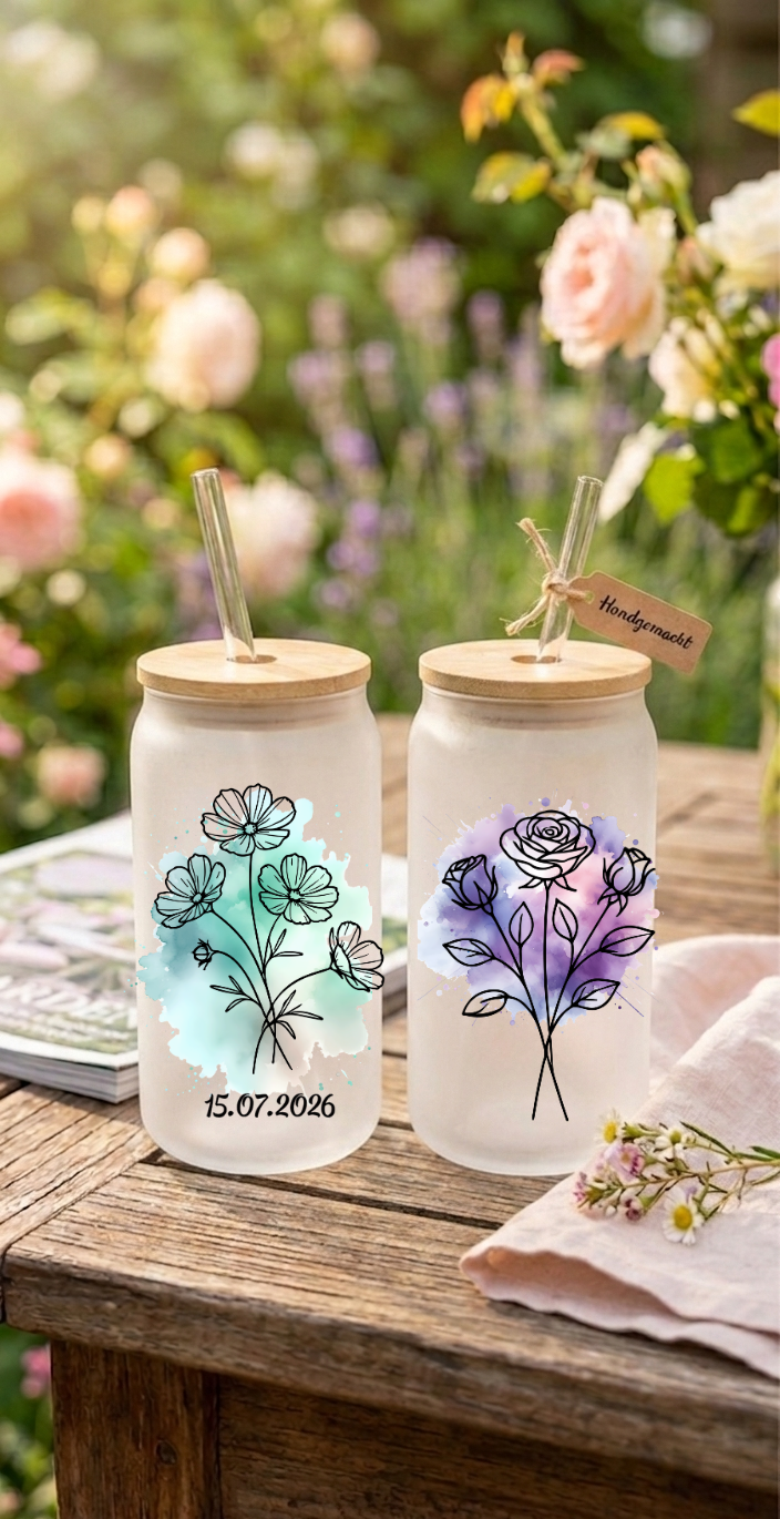 Trinkglas mit Strohhalm Geburtsblume Personalisierbar Glas Tumbler Geschenk mit Name Datum Aquarell Bambusdeckel