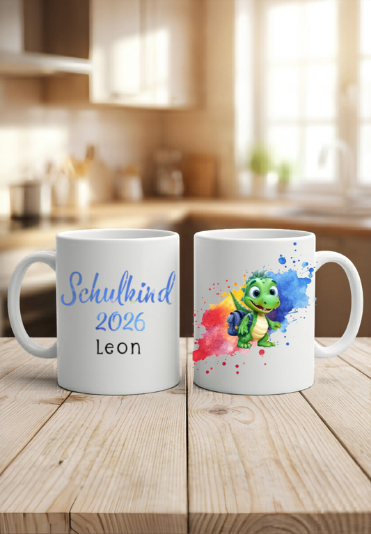 Schulkind 2026 Tasse personalisiert Name, Dino Drache Kaffeetasse Einschulung, Geschenk Schultüte Junge Mädchen, Keramiktasse bunt