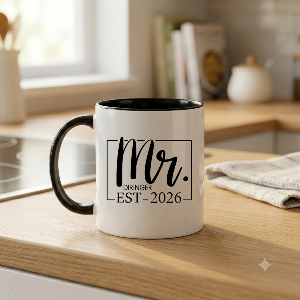Mr und Mrs Tasse personalisiert Hochzeitsgeschenk Tassenset Partner Hochzeit Kaffeetasse mit Namen Datum schwarz weiß Geschenk für Paare