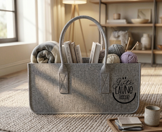 Gute Laune Filztasche Filzkorb Tasche mit Spruch Kaminholzkorb Aufbewahrung Korb Geschenk Frauen Zeitschriftenkorb Einkaufstasche